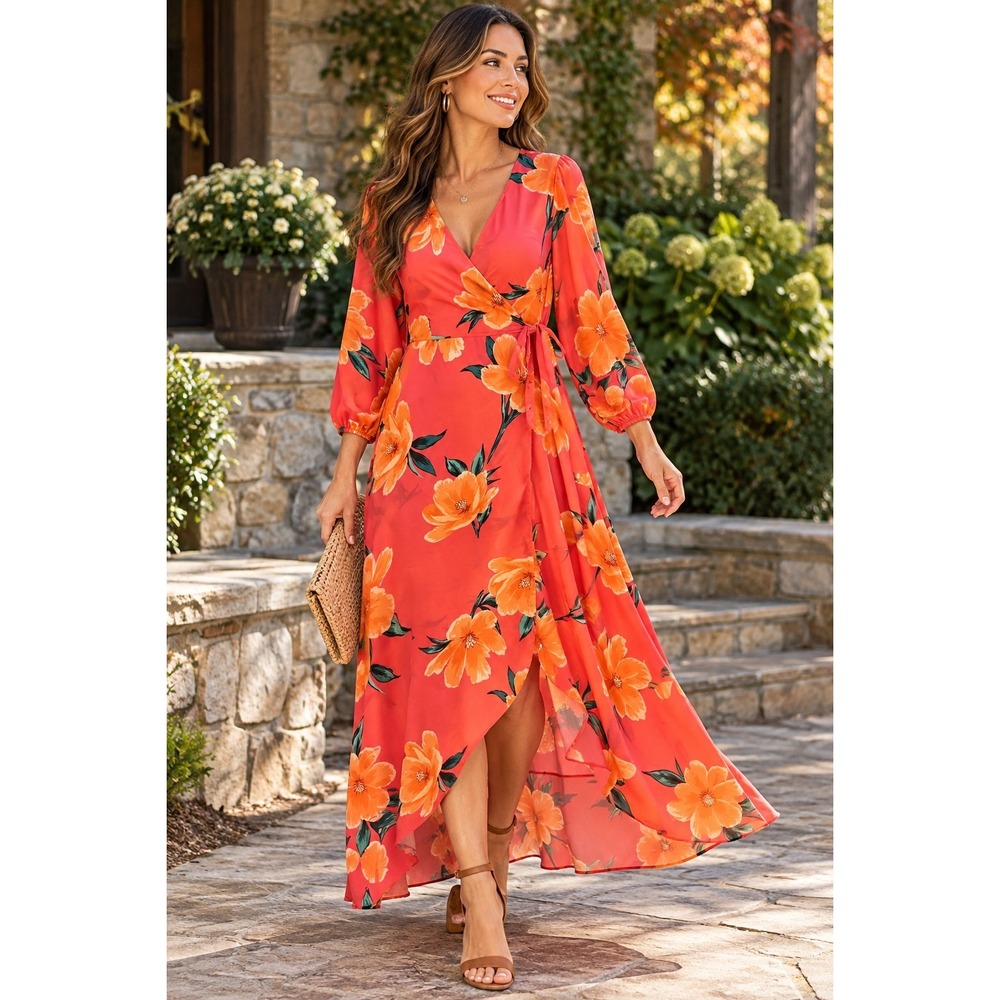Dancing Leopard Size 14 Floral Wrap Maxi Dress Coral Orange Long Sleeve